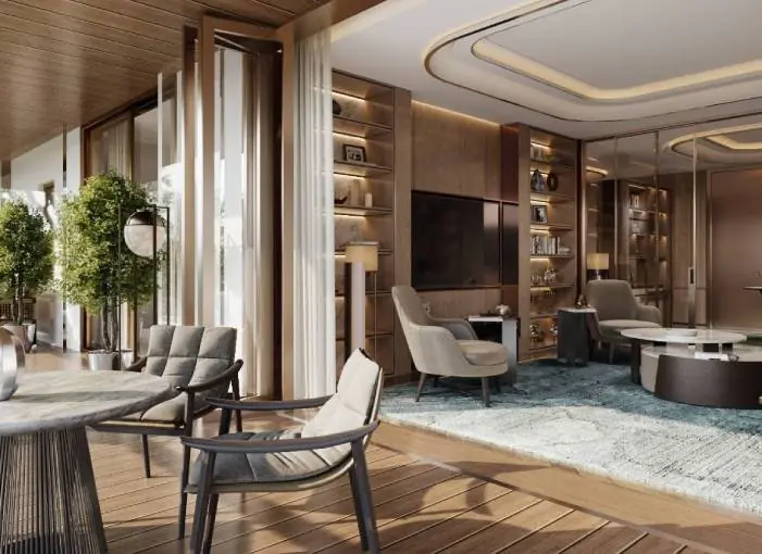 Living room in warm wood and bronze tones